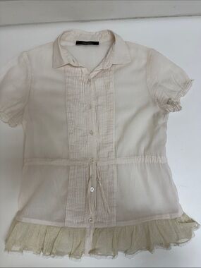 Max Mara Cream Short-Sleeve Button Front Top with Tulle Hem